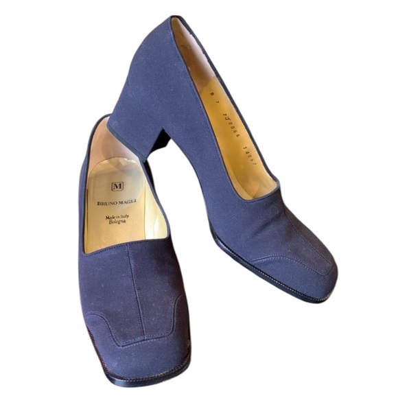 Vintage 90s BRUNO MAGLI Navy Square Toe Chunky Block Heels & Shoe Dust Bag - 7 B - Picture 8 of 16